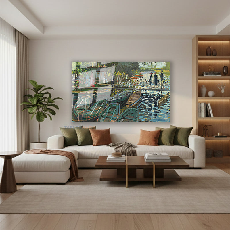Yatay Cam Tablo Salon Duvar Tablosu Klasik Manzara Kayiklar Yeni Ev Hediyesi Ofis Tablosu