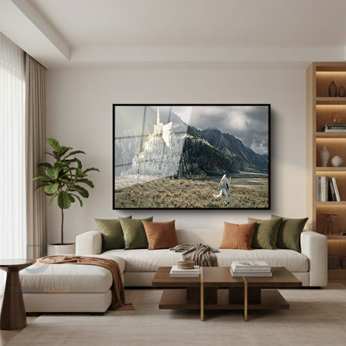 Çerçeveli Yatay Cam Tablo Salon Duvar Tablosu Yatay Cam Lotr Gandalf Minastrith Ofis Tablosu