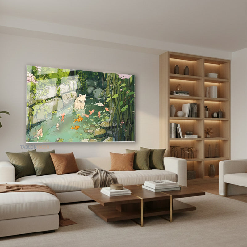 Yatay Cam Tablo Salon Duvar Tablosu Sevimli Beyaz Kedi Yeni Ev Hediyesi Ofis Tablosu