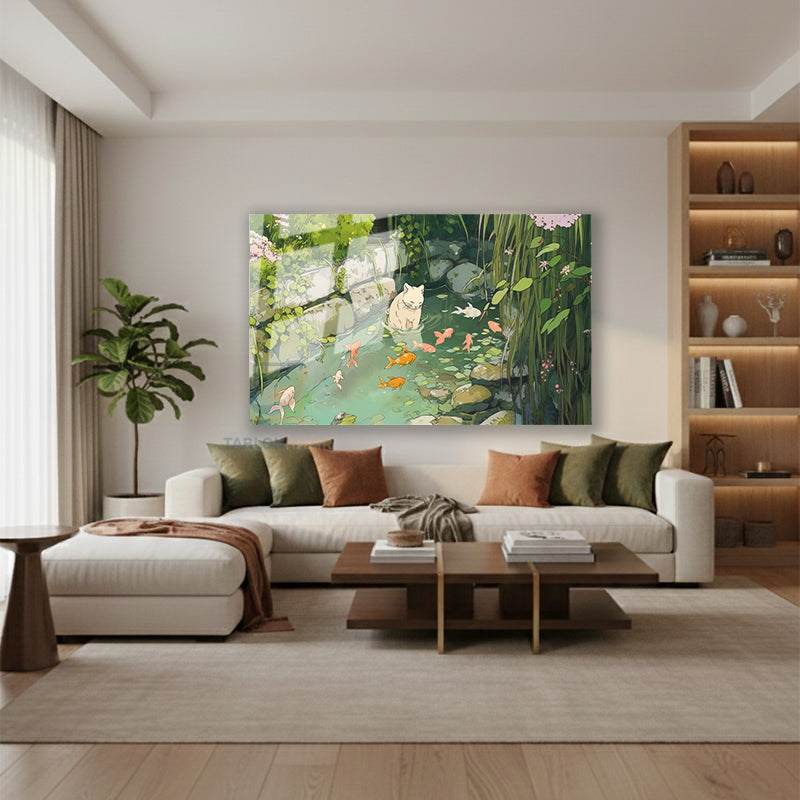 Yatay Cam Tablo Salon Duvar Tablosu Sevimli Beyaz Kedi Yeni Ev Hediyesi Ofis Tablosu