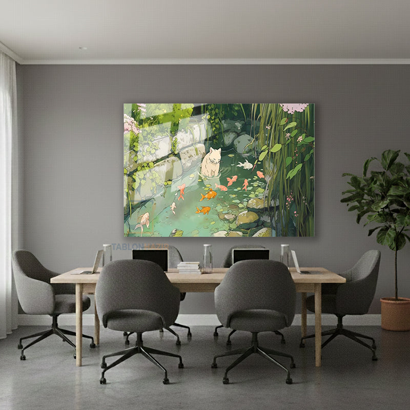 Yatay Cam Tablo Salon Duvar Tablosu Sevimli Beyaz Kedi Yeni Ev Hediyesi Ofis Tablosu