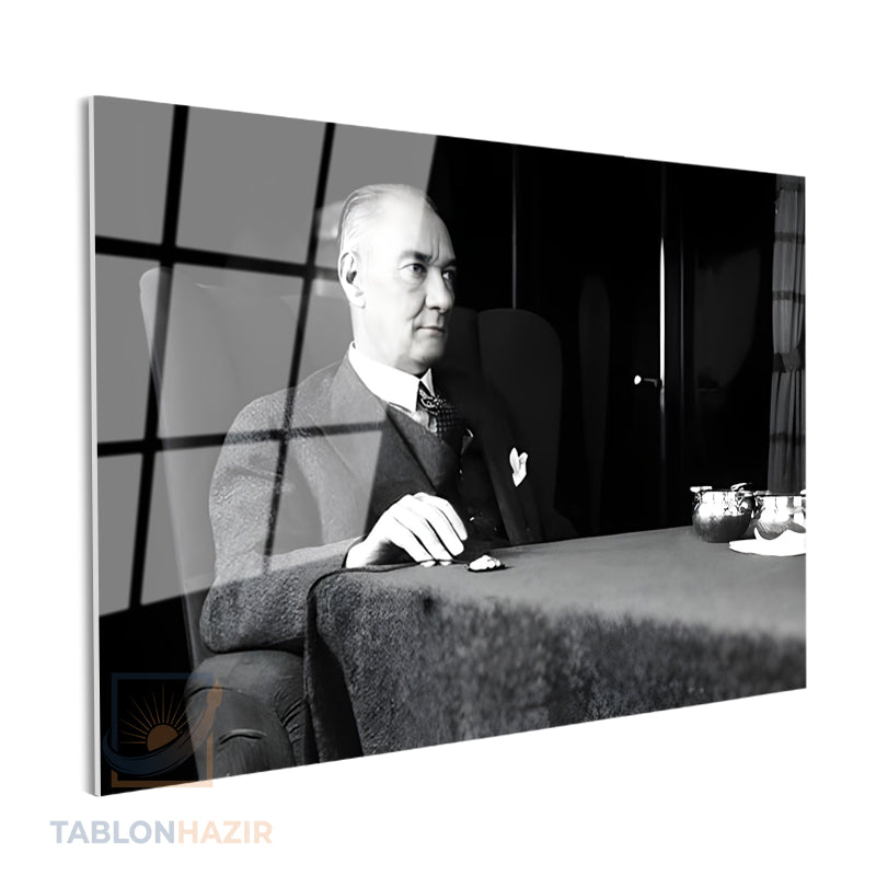 Yatay Cam Tablo Salon Duvar Tablosu Yatay Cam Ataturk Masada Otururken Yeni Ev Hediyesi Ofis Tablosu