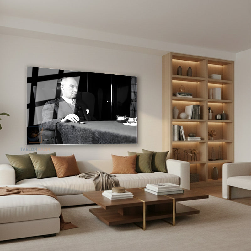 Yatay Cam Tablo Salon Duvar Tablosu Yatay Cam Ataturk Masada Otururken Yeni Ev Hediyesi Ofis Tablosu