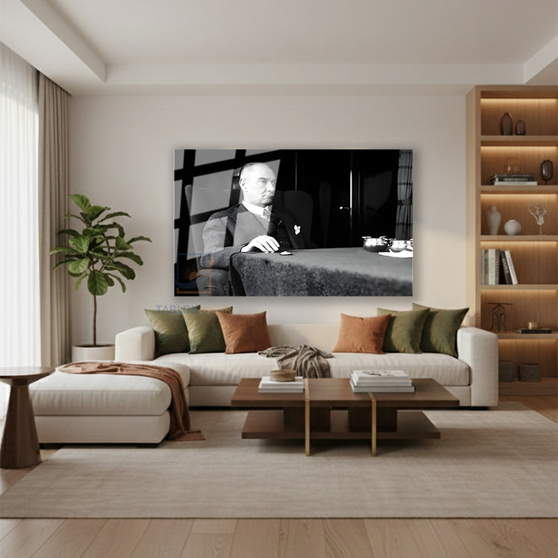 Yatay Cam Tablo Salon Duvar Tablosu Yatay Cam Ataturk Masada Otururken Yeni Ev Hediyesi Ofis Tablosu