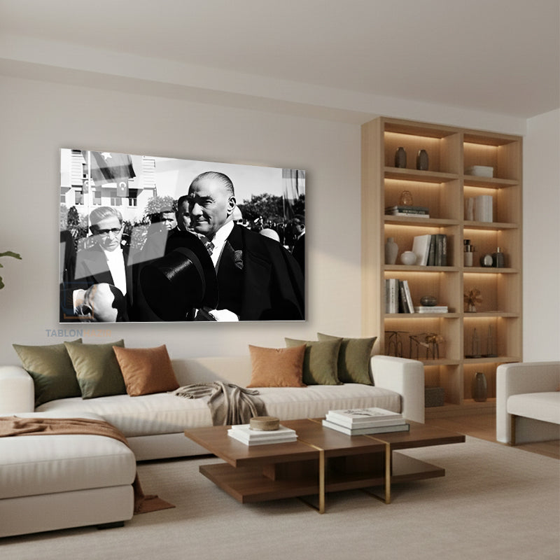 Yatay Cam Tablo Salon Duvar Tablosu Yatay Cam Ataturk Ve Halk 2 Yeni Ev Hediyesi Ofis Tablosu
