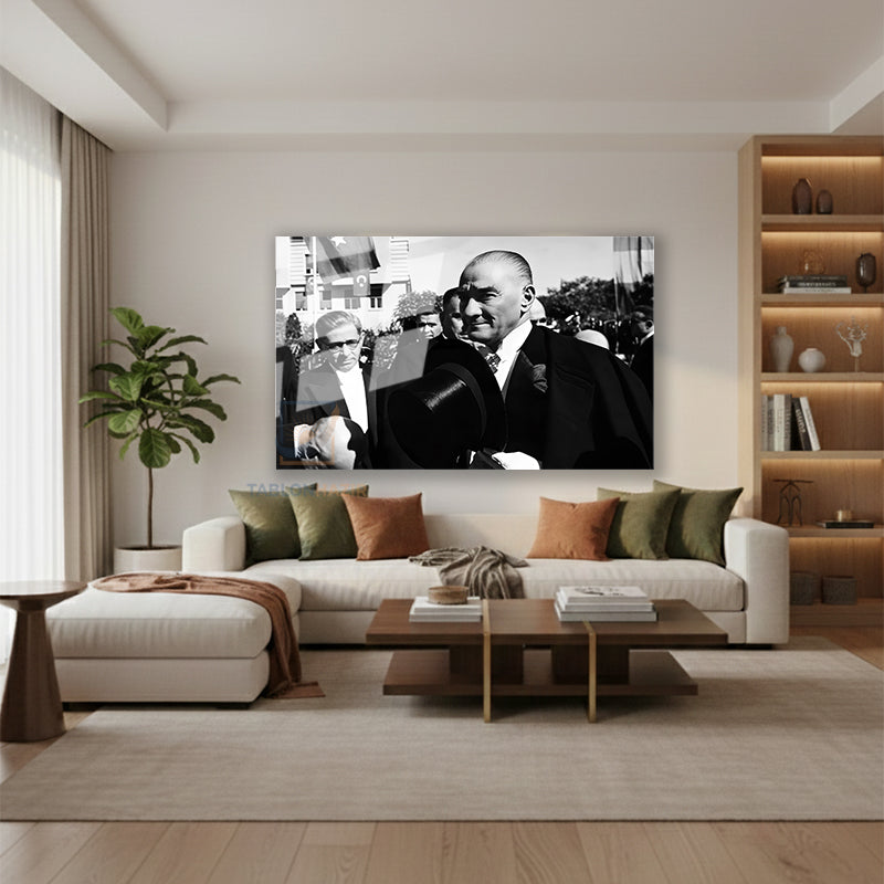 Yatay Cam Tablo Salon Duvar Tablosu Yatay Cam Ataturk Ve Halk 2 Yeni Ev Hediyesi Ofis Tablosu