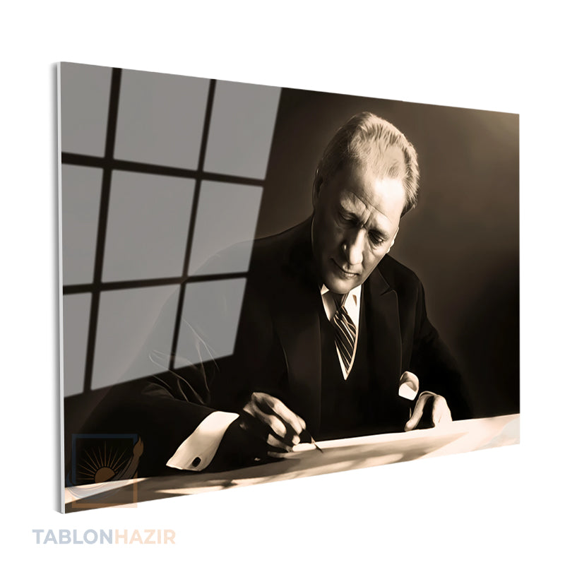 Yatay Cam Tablo Salon Duvar Tablosu Yatay Cam Ataturk Yazi Yazarken Yeni Ev Hediyesi Ofis Tablosu