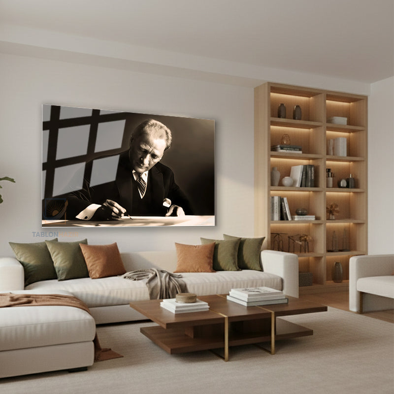 Yatay Cam Tablo Salon Duvar Tablosu Yatay Cam Ataturk Yazi Yazarken Yeni Ev Hediyesi Ofis Tablosu