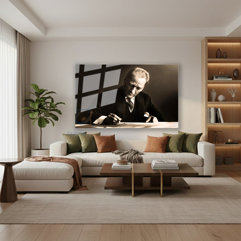 Yatay Cam Tablo Salon Duvar Tablosu Yatay Cam Ataturk Yazi Yazarken Yeni Ev Hediyesi Ofis Tablosu