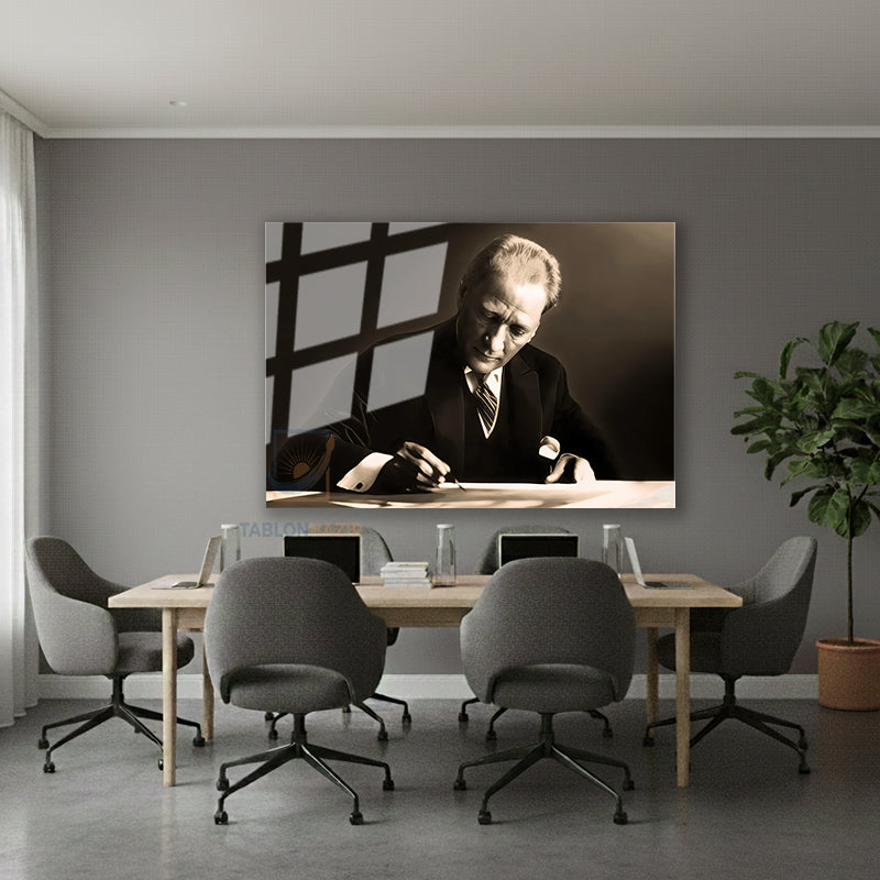 Yatay Cam Tablo Salon Duvar Tablosu Yatay Cam Ataturk Yazi Yazarken Yeni Ev Hediyesi Ofis Tablosu