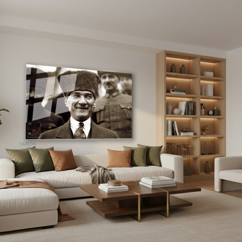 Yatay Cam Tablo Salon Duvar Tablosu Yatay Cam Gulen Ataturk Yeni Ev Hediyesi Ofis Tablosu