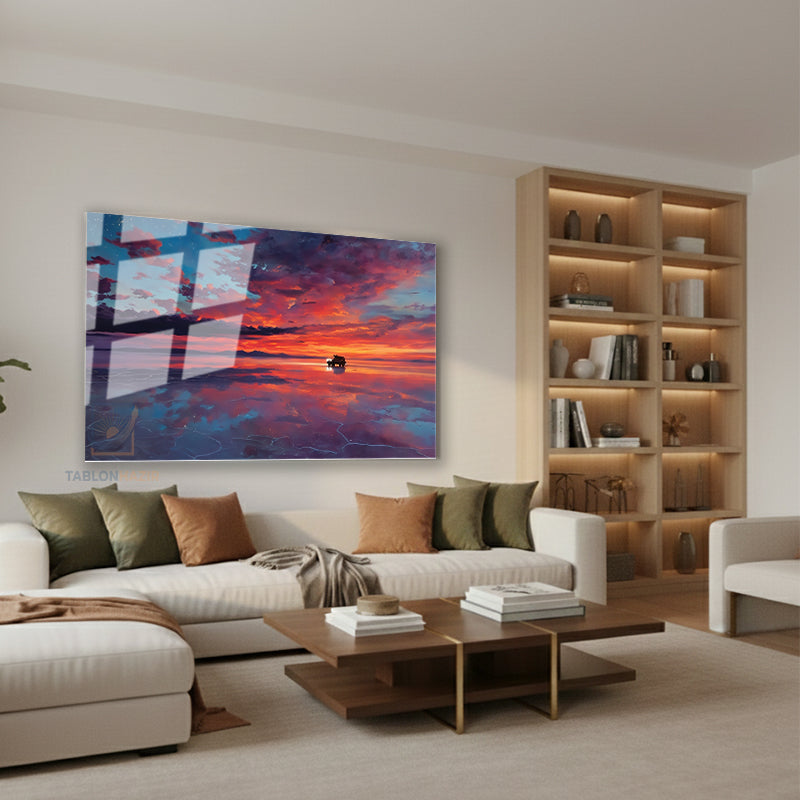 Yatay Cam Tablo Salon Duvar Tablosu Yatay Cam Gunbatimirenkleri Yeni Ev Hediyesi Ofis Tablosu