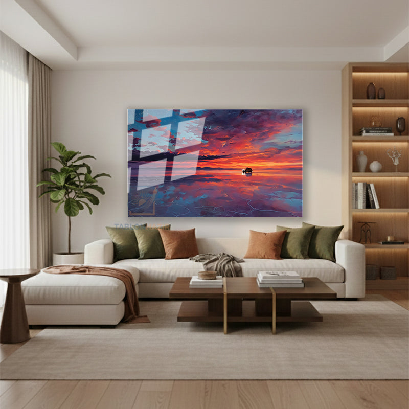 Yatay Cam Tablo Salon Duvar Tablosu Yatay Cam Gunbatimirenkleri Yeni Ev Hediyesi Ofis Tablosu