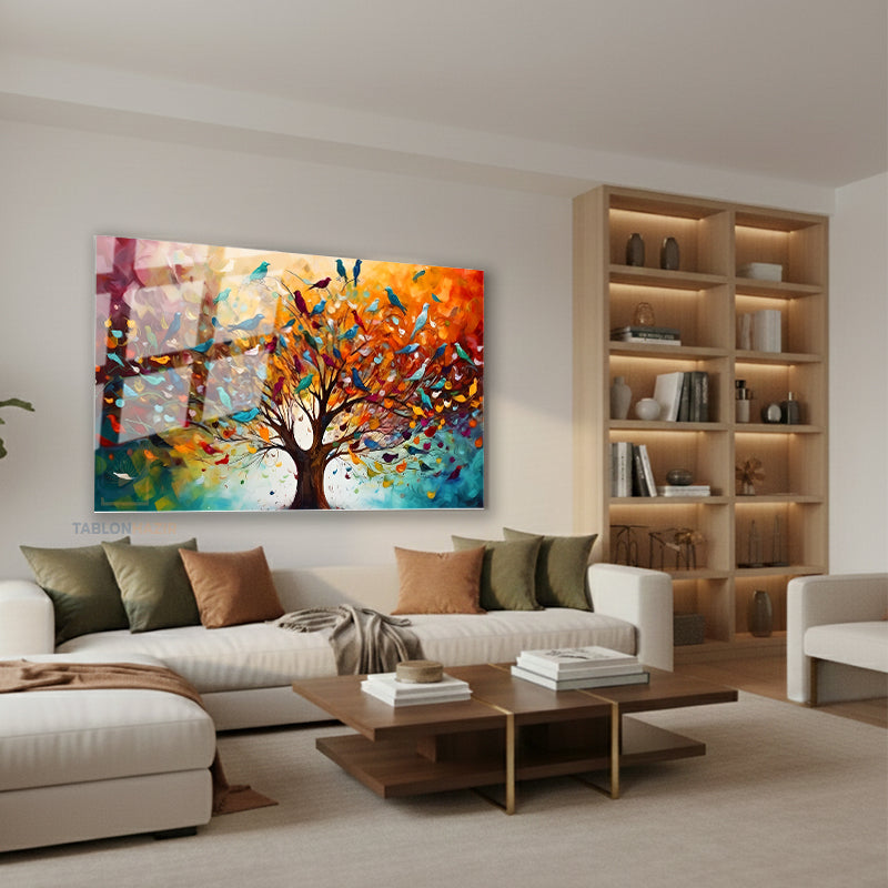 Yatay Cam Tablo Salon Duvar Tablosu Yatay Cam Hayatagacivekuslar Yeni Ev Hediyesi Ofis Tablosu