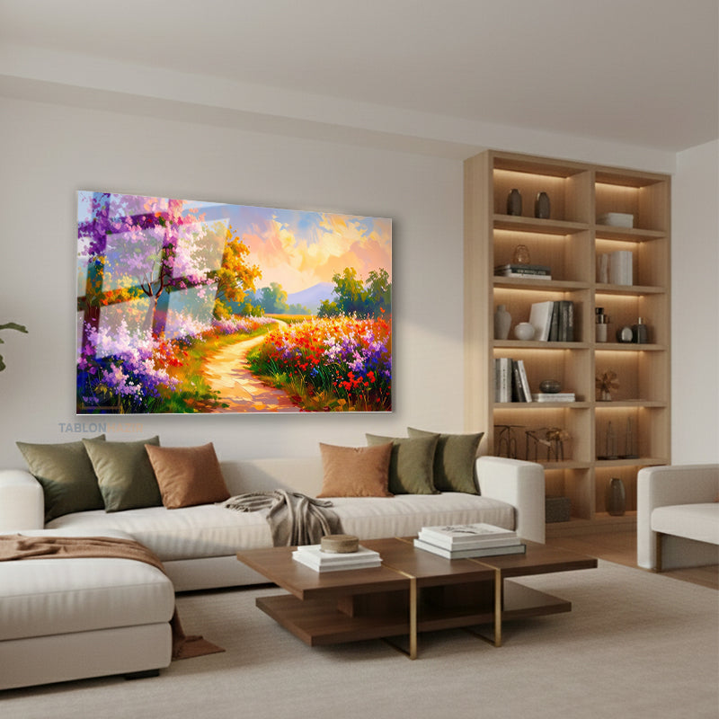 Yatay Cam Tablo Salon Duvar Tablosu Yatay Cam Ilkbaharmanzarasi Yeni Ev Hediyesi Ofis Tablosu