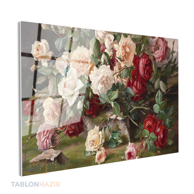 Yatay Cam Tablo Salon Duvar Tablosu Yatay Cam Kirmizibeyazguller Yeni Ev Hediyesi Ofis Tablosu