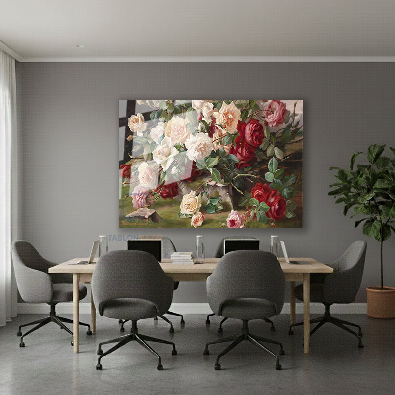 Yatay Cam Tablo Salon Duvar Tablosu Yatay Cam Kirmizibeyazguller Yeni Ev Hediyesi Ofis Tablosu