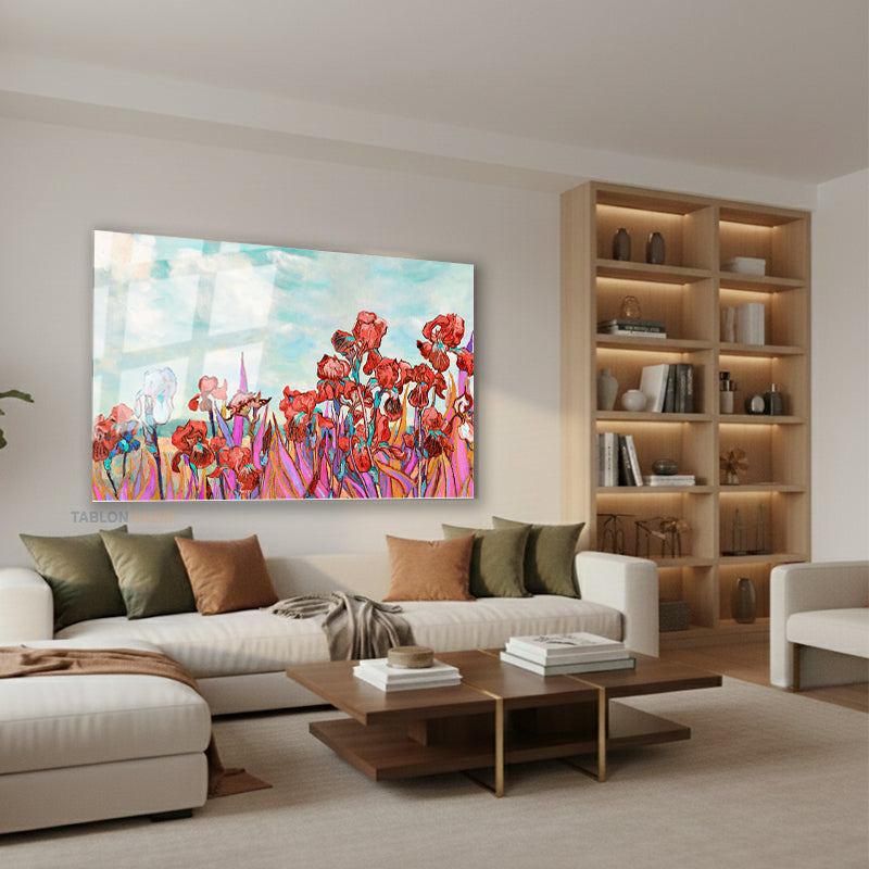 Yatay Cam Tablo Salon Duvar Tablosu Yatay Cam Kirmiziçiçekler Yeni Ev Hediyesi Ofis Tablosu