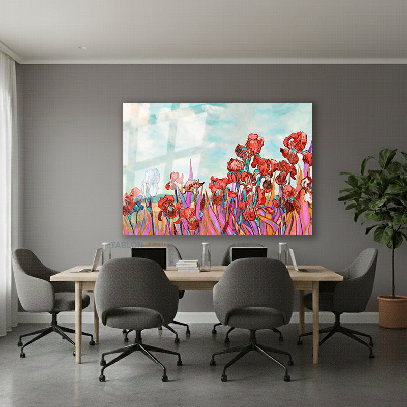 Yatay Cam Tablo Salon Duvar Tablosu Yatay Cam Kirmiziçiçekler Yeni Ev Hediyesi Ofis Tablosu