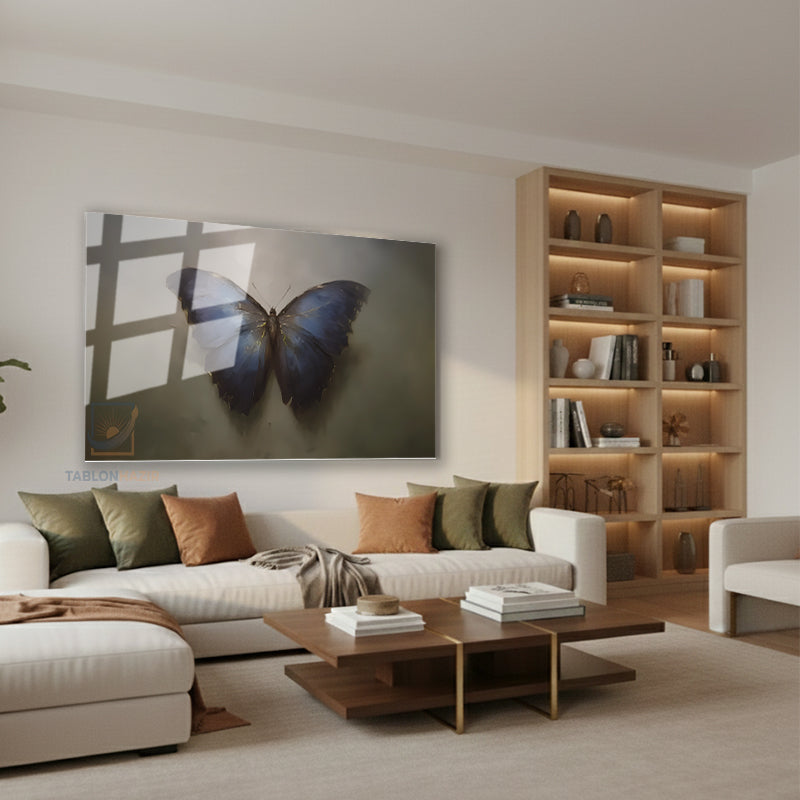 Yatay Cam Tablo Salon Duvar Tablosu Yatay Cam Mavisiyahkelebek Yeni Ev Hediyesi Ofis Tablosu