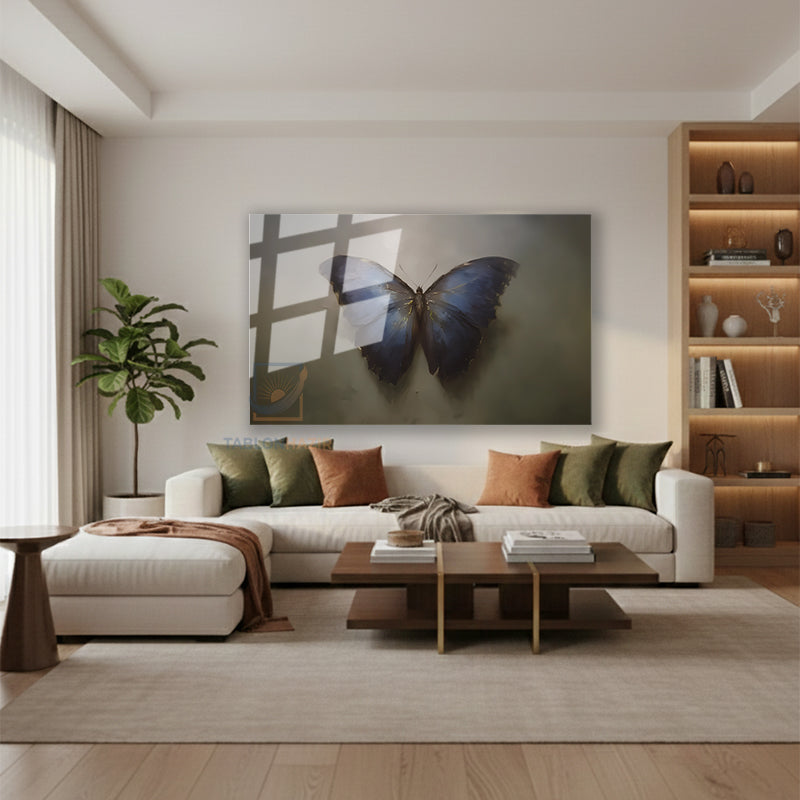 Yatay Cam Tablo Salon Duvar Tablosu Yatay Cam Mavisiyahkelebek Yeni Ev Hediyesi Ofis Tablosu