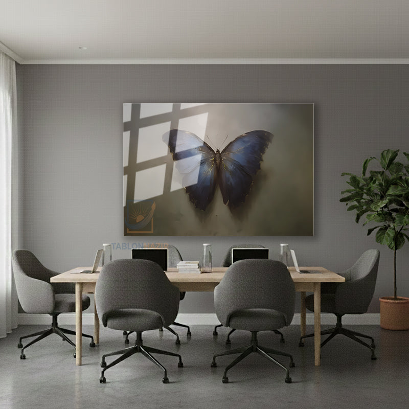 Yatay Cam Tablo Salon Duvar Tablosu Yatay Cam Mavisiyahkelebek Yeni Ev Hediyesi Ofis Tablosu