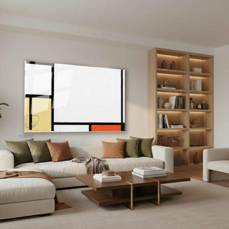 Yatay Cam Tablo Salon Duvar Tablosu Yatay Cam Mondrian 4 Yeni Ev Hediyesi Ofis Tablosu