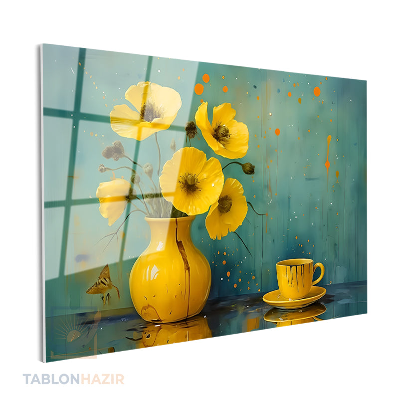 Yatay Cam Tablo Salon Duvar Tablosu Yatay Cam Saricicekvefincan Yeni Ev Hediyesi Ofis Tablosu