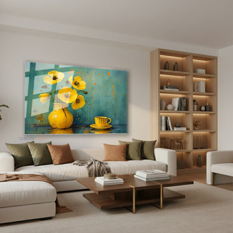 Yatay Cam Tablo Salon Duvar Tablosu Yatay Cam Saricicekvefincan Yeni Ev Hediyesi Ofis Tablosu