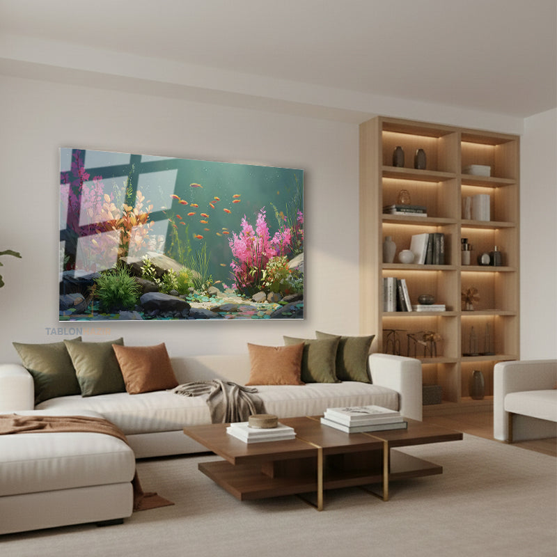Yatay Cam Tablo Salon Duvar Tablosu Yatay Cam Sualtirenkleri Yeni Ev Hediyesi Ofis Tablosu