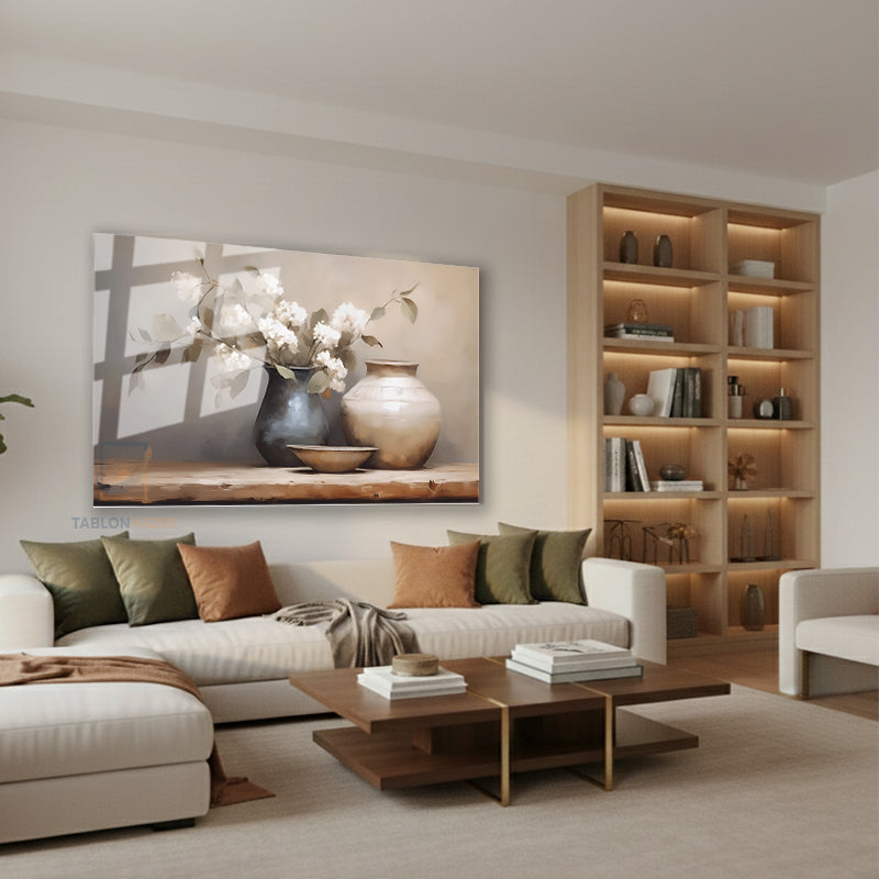Yatay Cam Tablo Salon Duvar Tablosu Yatay Cam Vazodabeyazcicekeler4 Yeni Ev Hediyesi Ofis Tablosu