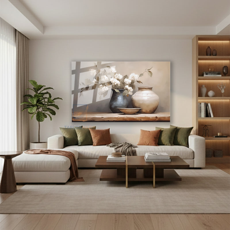 Yatay Cam Tablo Salon Duvar Tablosu Yatay Cam Vazodabeyazcicekeler4 Yeni Ev Hediyesi Ofis Tablosu