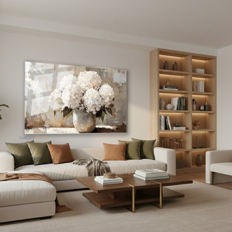 Yatay Cam Tablo Salon Duvar Tablosu Yatay Cam Vazodabeyazcicekler Yeni Ev Hediyesi Ofis Tablosu