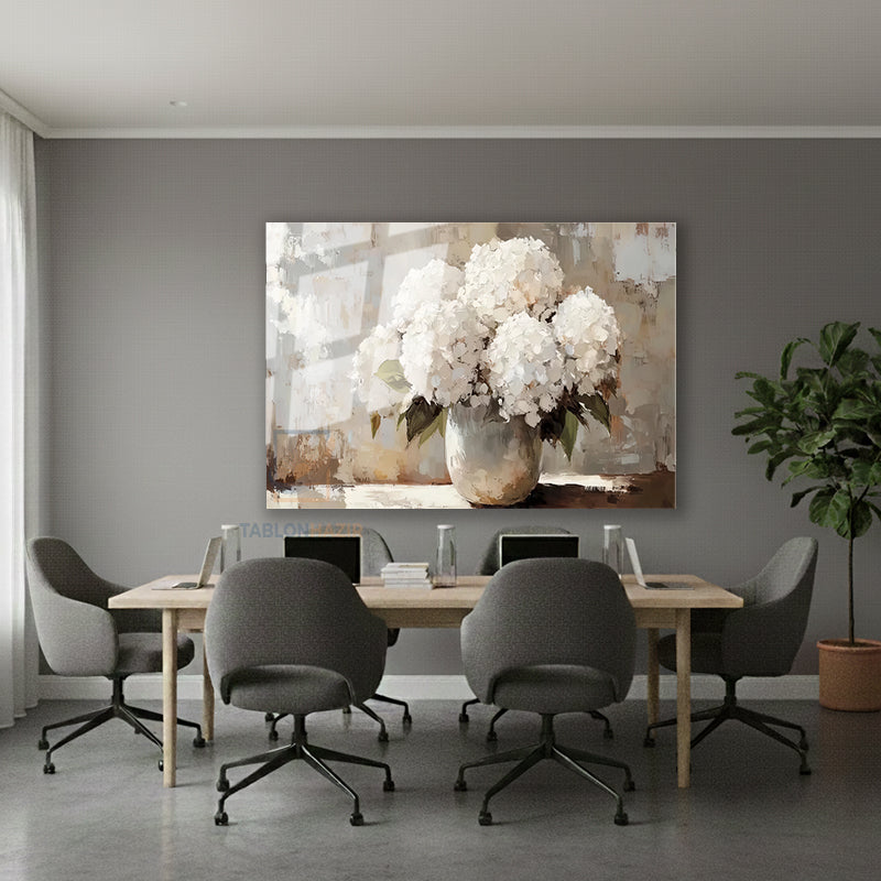 Yatay Cam Tablo Salon Duvar Tablosu Yatay Cam Vazodabeyazcicekler Yeni Ev Hediyesi Ofis Tablosu