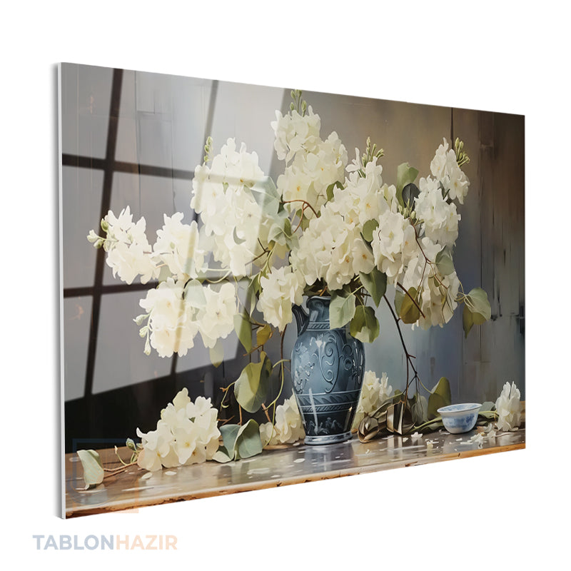 Yatay Cam Tablo Salon Duvar Tablosu Yatay Cam Vazodabeyazcicekler2 Yeni Ev Hediyesi Ofis Tablosu