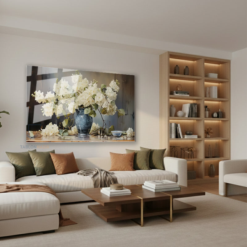 Yatay Cam Tablo Salon Duvar Tablosu Yatay Cam Vazodabeyazcicekler2 Yeni Ev Hediyesi Ofis Tablosu