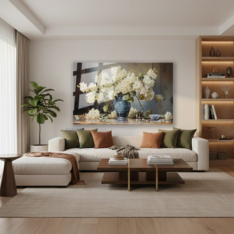 Yatay Cam Tablo Salon Duvar Tablosu Yatay Cam Vazodabeyazcicekler2 Yeni Ev Hediyesi Ofis Tablosu