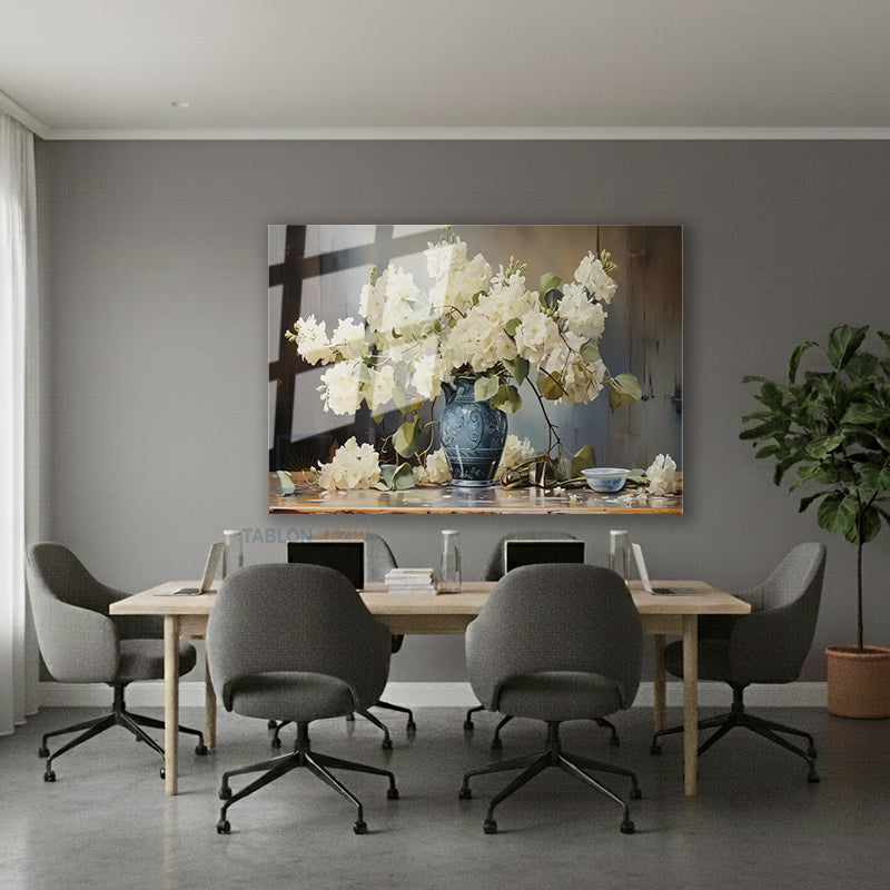 Yatay Cam Tablo Salon Duvar Tablosu Yatay Cam Vazodabeyazcicekler2 Yeni Ev Hediyesi Ofis Tablosu
