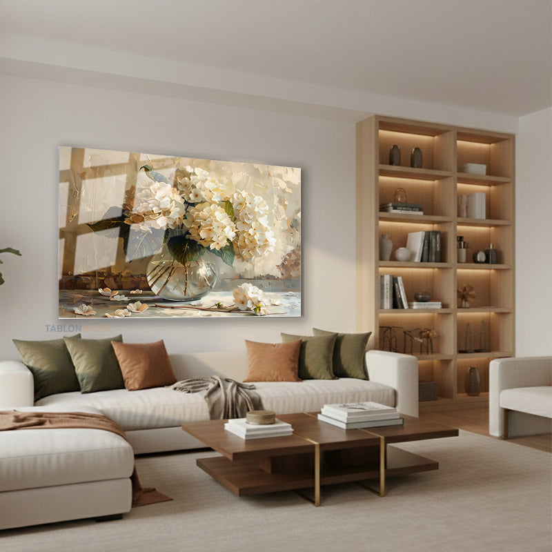 Yatay Cam Tablo Salon Duvar Tablosu Yatay Cam Vazodabeyazcicekler3 Yeni Ev Hediyesi Ofis Tablosu