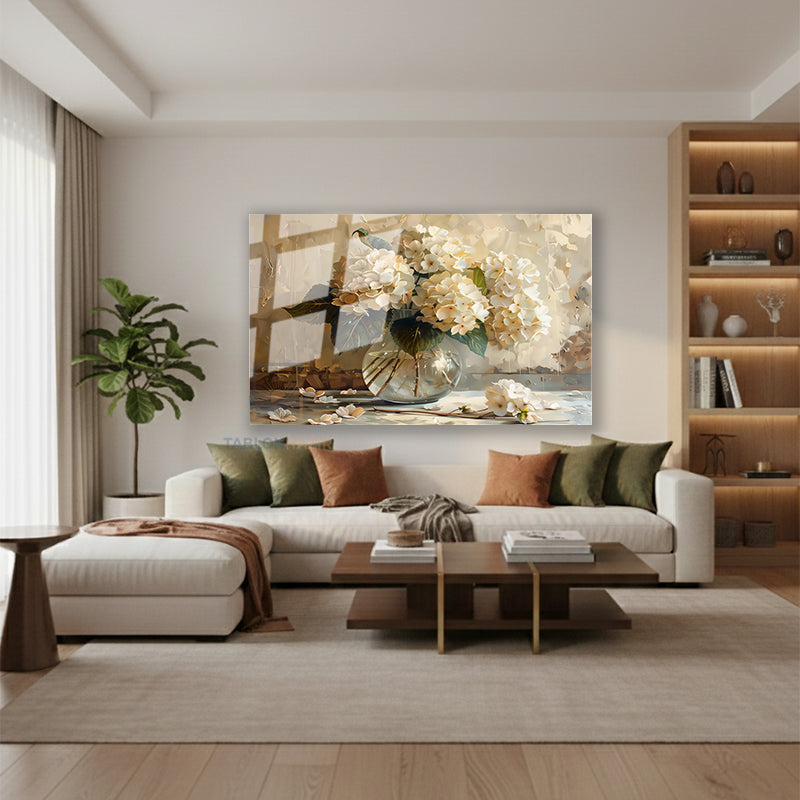 Yatay Cam Tablo Salon Duvar Tablosu Yatay Cam Vazodabeyazcicekler3 Yeni Ev Hediyesi Ofis Tablosu