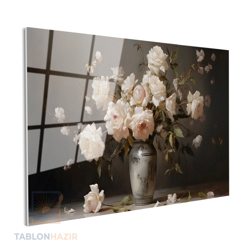 Yatay Cam Tablo Salon Duvar Tablosu Yatay Cam Vazodabeyazguller Yeni Ev Hediyesi Ofis Tablosu