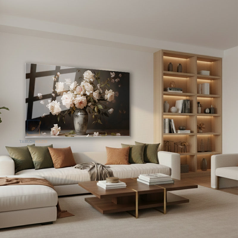 Yatay Cam Tablo Salon Duvar Tablosu Yatay Cam Vazodabeyazguller Yeni Ev Hediyesi Ofis Tablosu