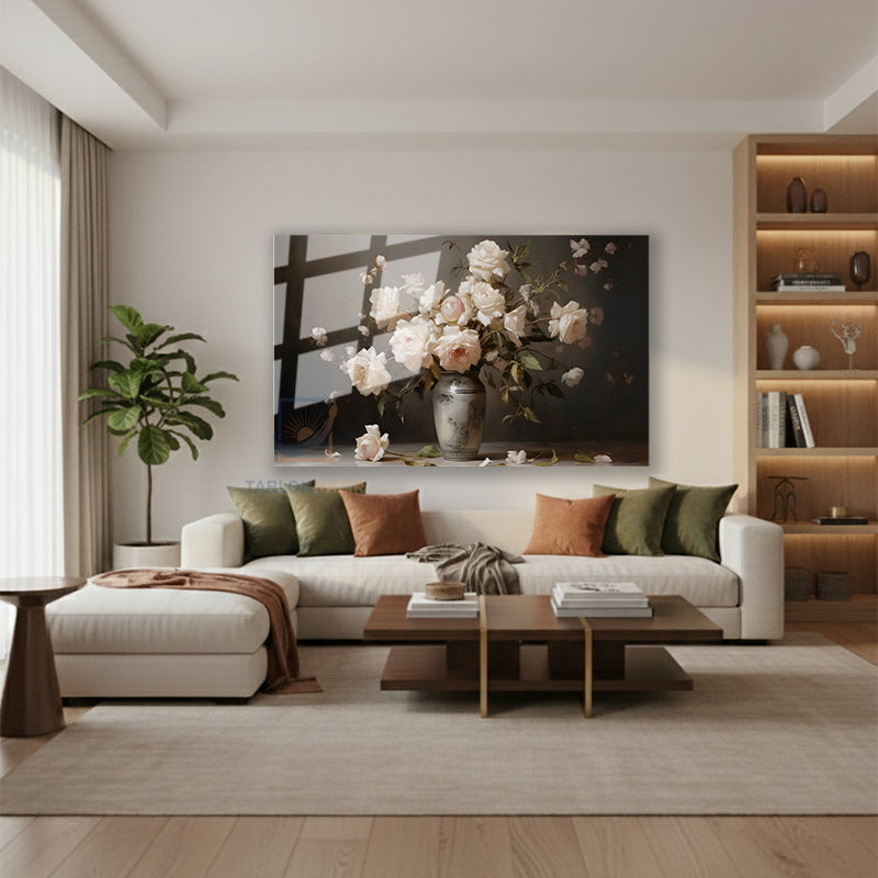 Yatay Cam Tablo Salon Duvar Tablosu Yatay Cam Vazodabeyazguller Yeni Ev Hediyesi Ofis Tablosu