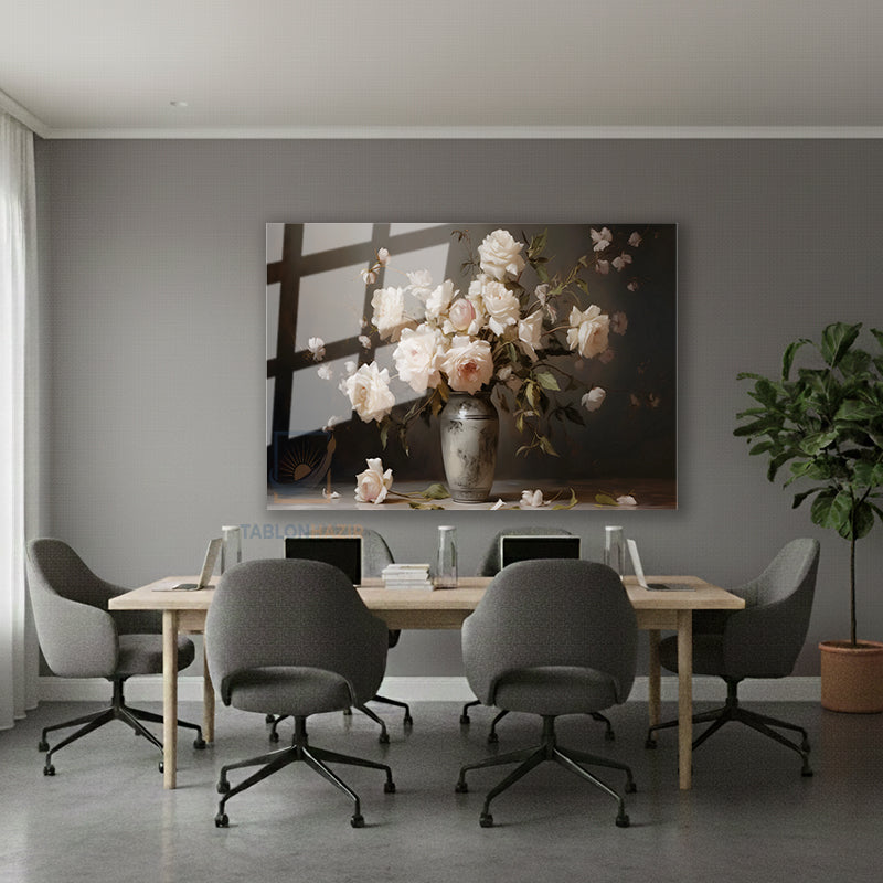 Yatay Cam Tablo Salon Duvar Tablosu Yatay Cam Vazodabeyazguller Yeni Ev Hediyesi Ofis Tablosu