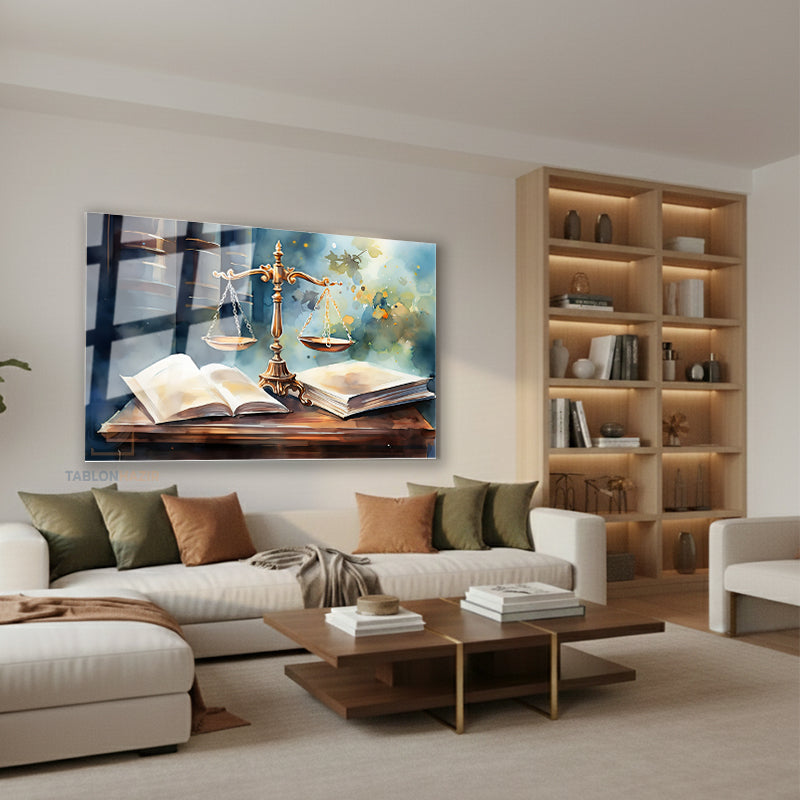 Yatay Cam Tablo Salon Duvar Tablosu Yatay Cam Adalet Hukuk Terazi Yeni Ev Hediyesi Ofis Tablosu