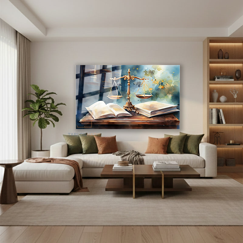 Yatay Cam Tablo Salon Duvar Tablosu Yatay Cam Adalet Hukuk Terazi Yeni Ev Hediyesi Ofis Tablosu