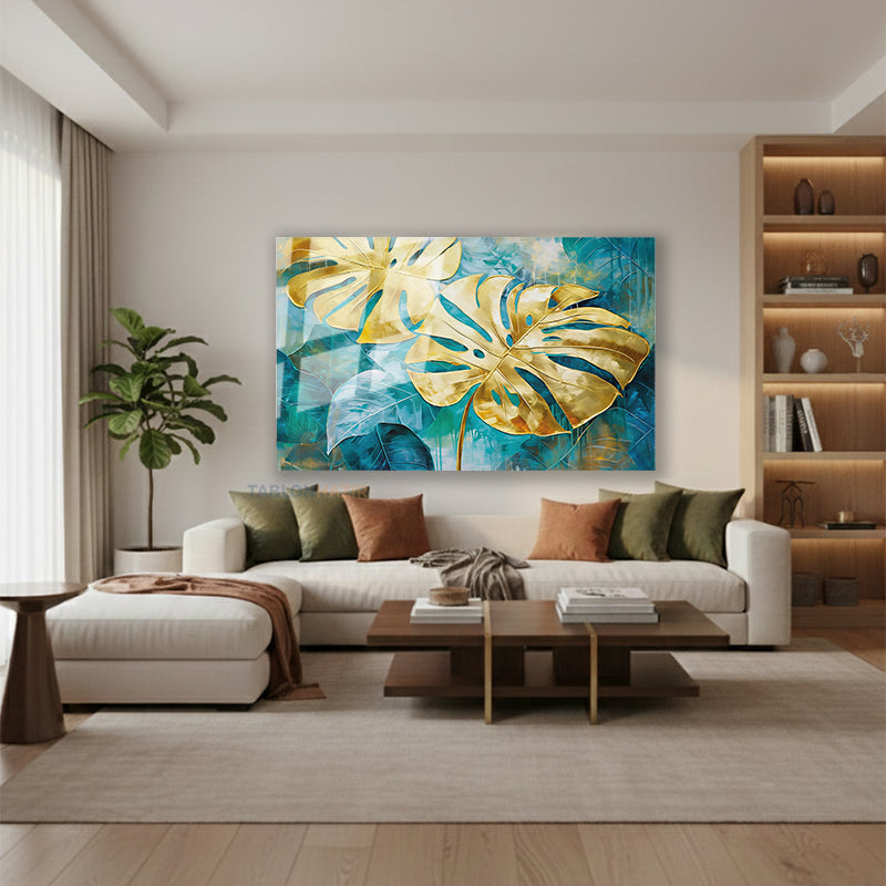 Yatay Cam Tablo Salon Duvar Tablosu Yatay Cam Altinyaprakmavi Yeni Ev Hediyesi Ofis Tablosu