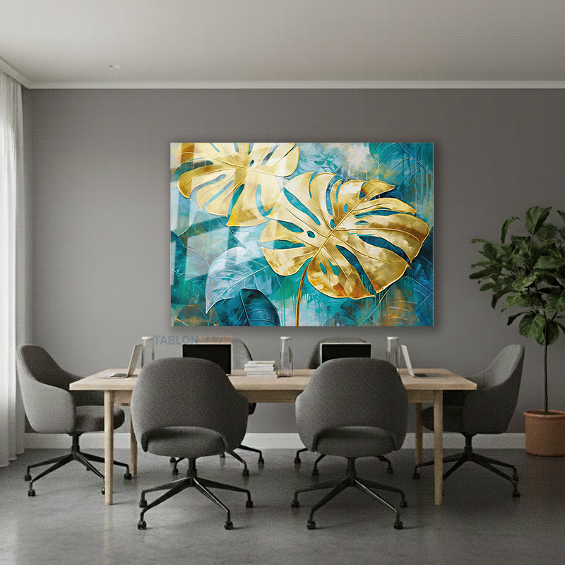 Yatay Cam Tablo Salon Duvar Tablosu Yatay Cam Altinyaprakmavi Yeni Ev Hediyesi Ofis Tablosu