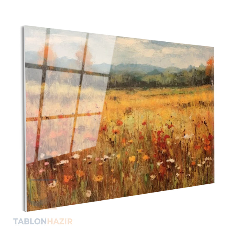 Yatay Cam Tablo Salon Duvar Tablosu Yatay Cam Bahar Manzara Yeni Ev Hediyesi Ofis Tablosu