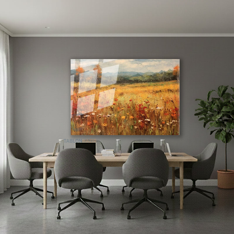 Yatay Cam Tablo Salon Duvar Tablosu Yatay Cam Bahar Manzara Yeni Ev Hediyesi Ofis Tablosu
